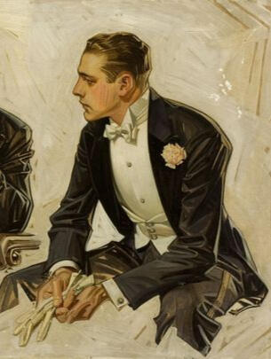 a j c leyendecker illustration of a man wearing 1930s white tie